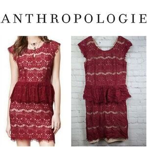 Anthropologie Maeve Elsa Dress - Burgundy Wine Lace Peplum Sheath Eyelash Fringe